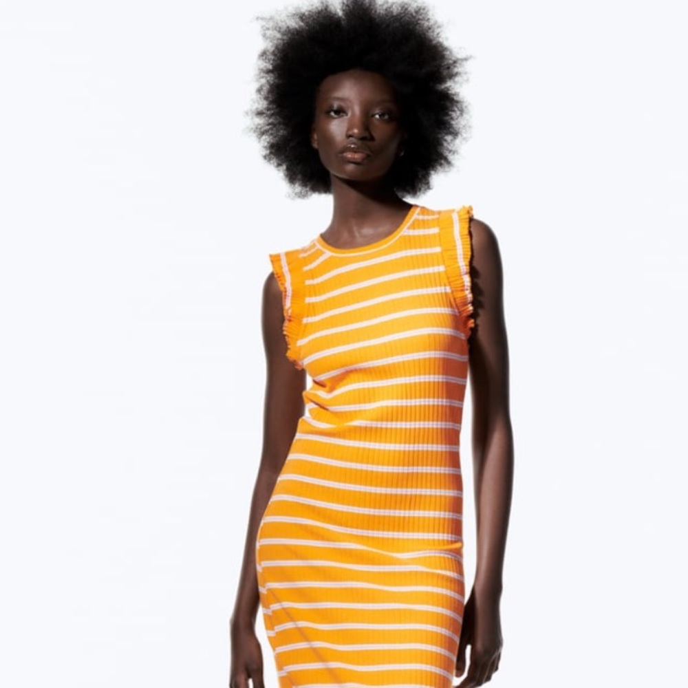 ZARA Ruffled Rib Dress Striped SMALL
